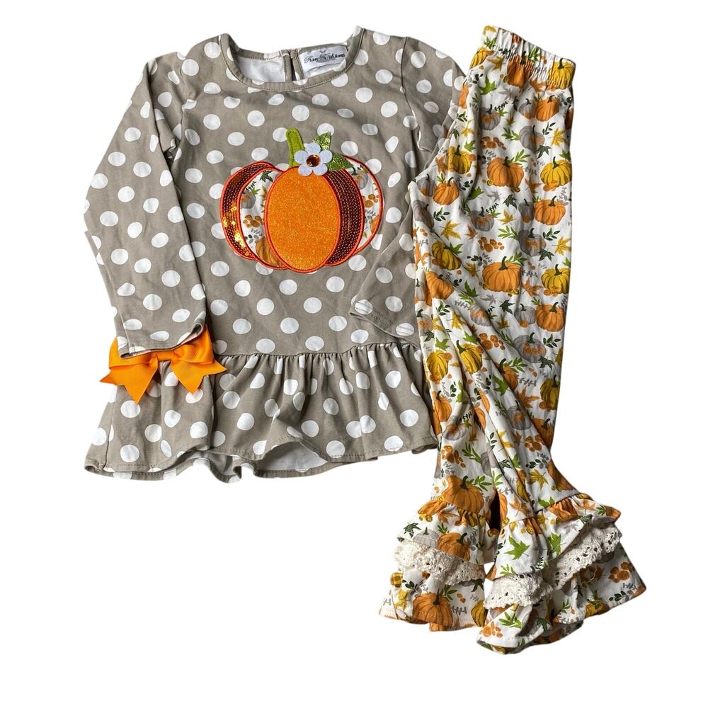 Rare editions little girls pumpkin ruffle set fall polka dot size 5